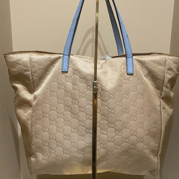 Gucci Beige GG Nylon Tote with Blue Leather Straps - Picture 6 of 13